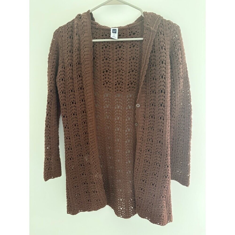 Gap Kids Girls 10 Brown Hooded Crochet Cardigan With Buttons &‎ Long Sleeves